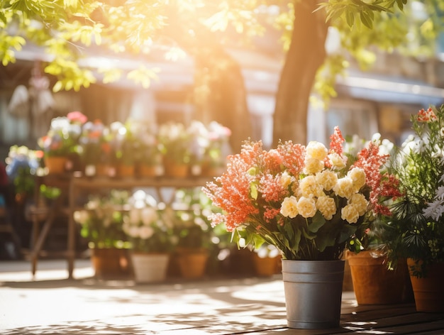 Photo flowers in pots on the terrace of flower shop