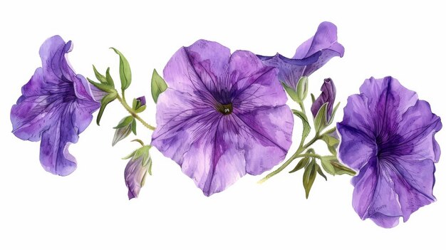 Flowers of purple petunias painted in watercolor