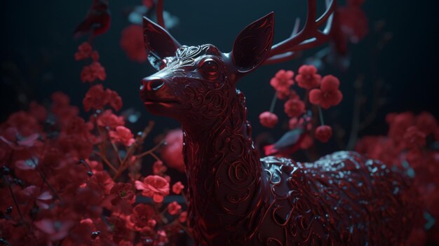 Фото Цветы красный олень животное бабочка рога иллюстрация изображение искусственного интеллекта