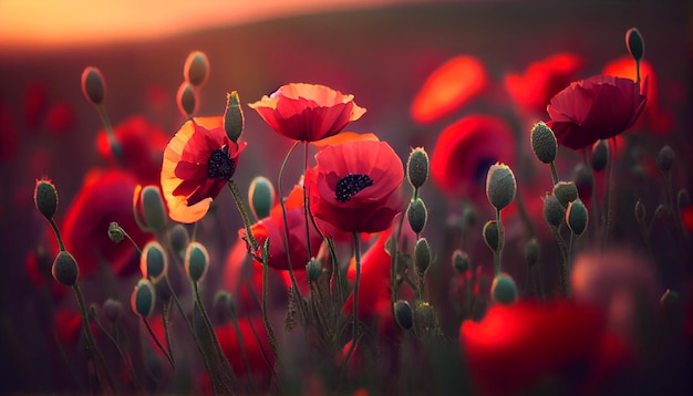Flowers Red poppies blossom on wild field Beautiful field red poppies with selective focus Red poppies in soft light Opium poppy natural drugs Generative AI