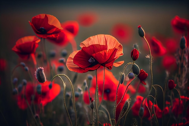 Flowers Red poppies blossom on wild fieldgenerative ai