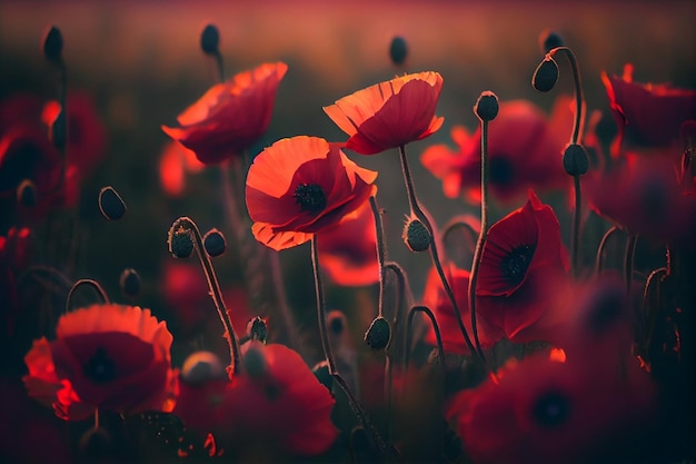 Flowers Red poppies blossom on wild fieldgenerative ai