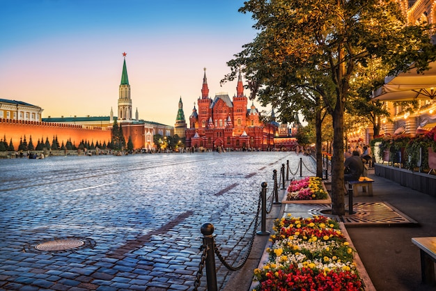 Flowers on the Red Square in Moscow in the evening