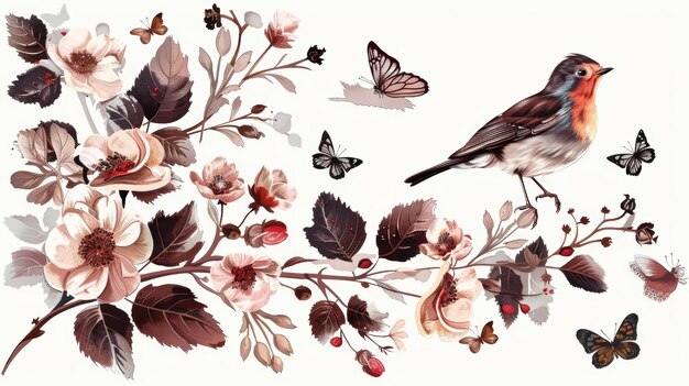 Flowers Robin bird and leaves with butterflies in vintage style