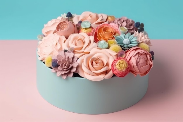 Flowers in round luxury present box on pastel background Generative AI