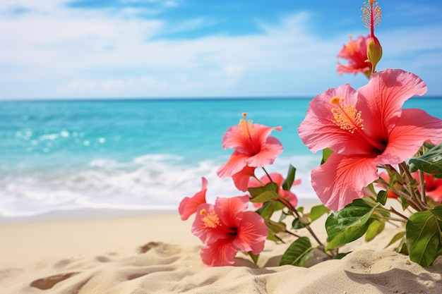 flowers on the sand of a beach with a blue ocean in the background generative ai