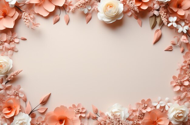 Foto fiori sparsi attorno a una cornice su una superficie in legno di colore bianco