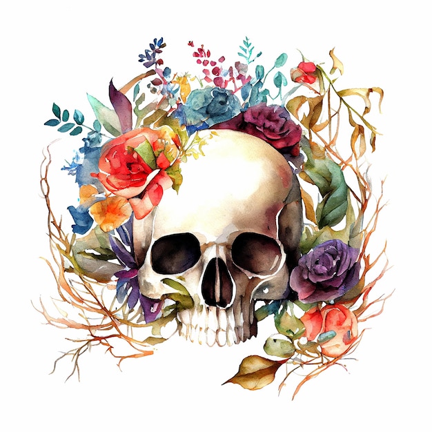 Flowers on a scull watercolor hand drawn illustration halloween