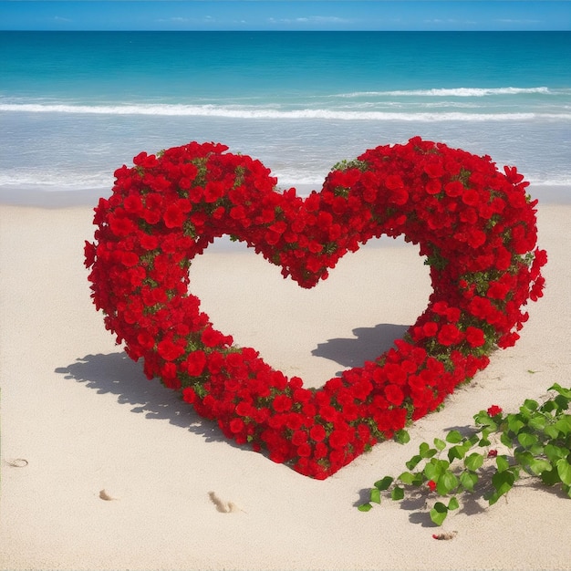 Flowers in shape of heart on the beach