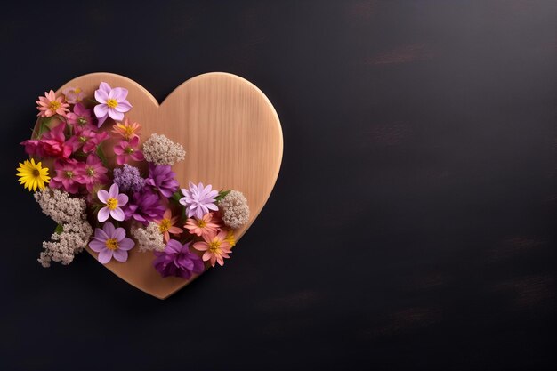 Photo flowers in the shape of a heart on a dark wooden background top view