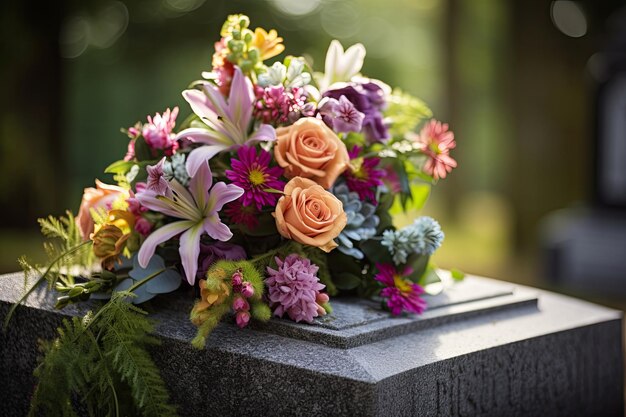 Photo flowers showcased on cemetery headstones