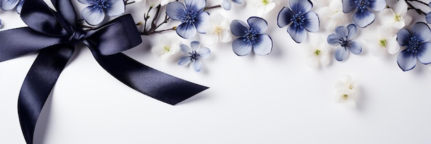 Photo flowers and silk navy ribbon on white panoramic background flat lay top view composition with copy s