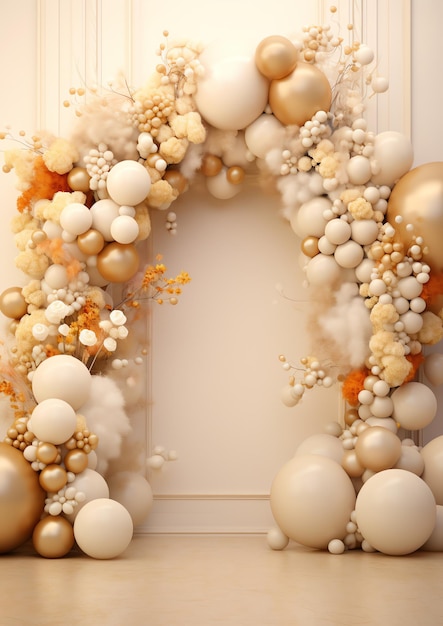 flowers and small beige and gold balloons arch decorated wall frame for events