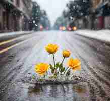 Photo flowers in the snow on the road in a rainy day