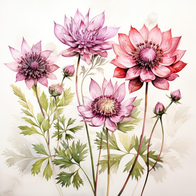 Цветы в мягкой акварели Ботанический вид на белом фоне с творческими микрофотографиями