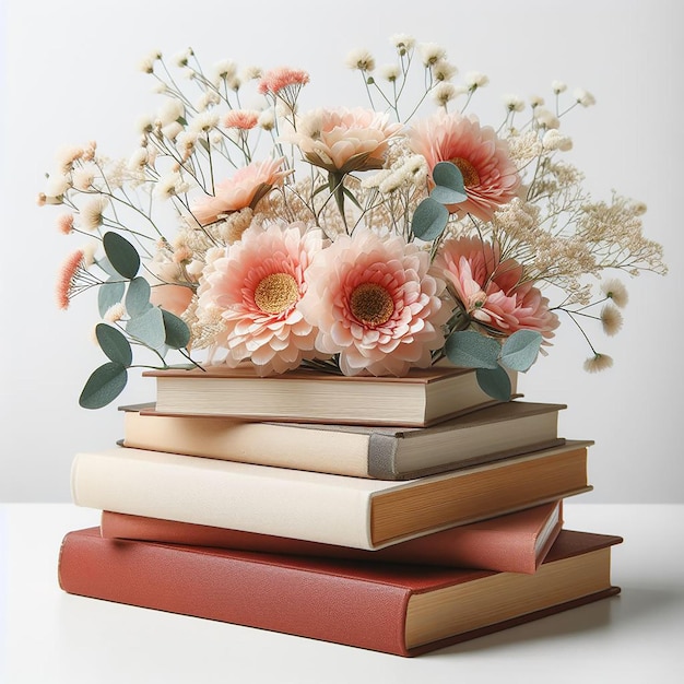 Photo flowers on stack of books in white background