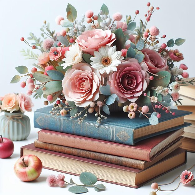 Flowers on stack of books in white background