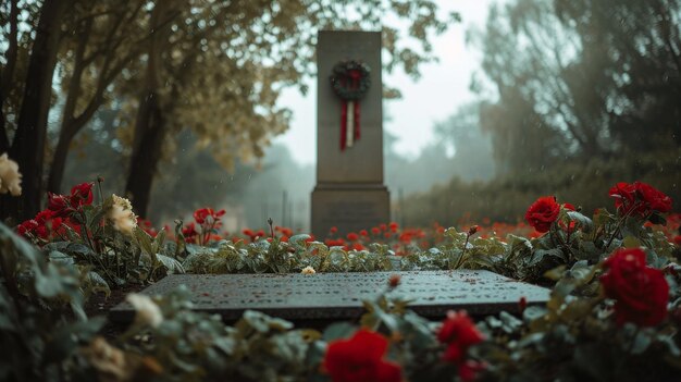 Foto fiori attorno alla tomba nel cimitero scena pacifica di ricordo giorno della memoria