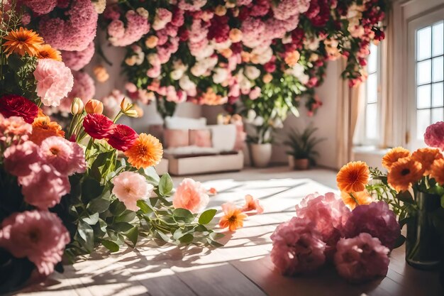 Flowers on a table with a window in the background