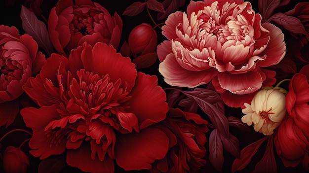 flowers that are red and pink with a black background