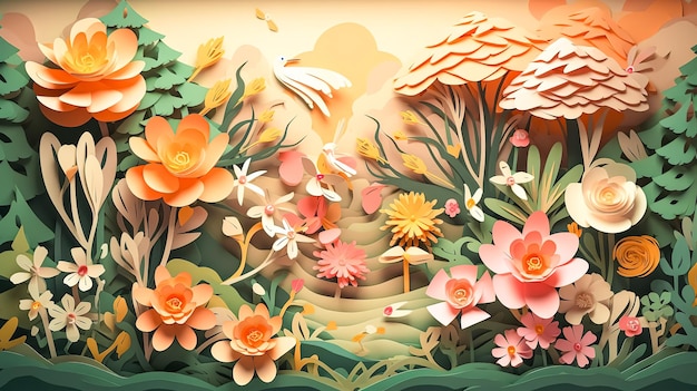 Flowers and trees summer floral landscape made of paper generative ai