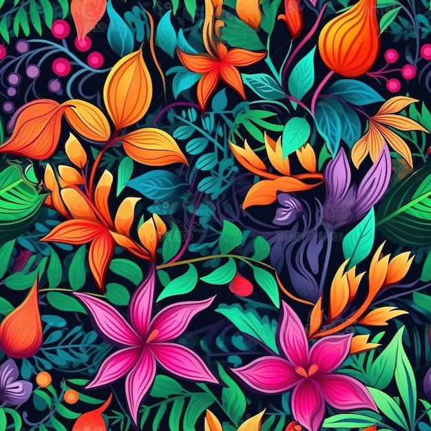 flowers tropic pattern in neon colors