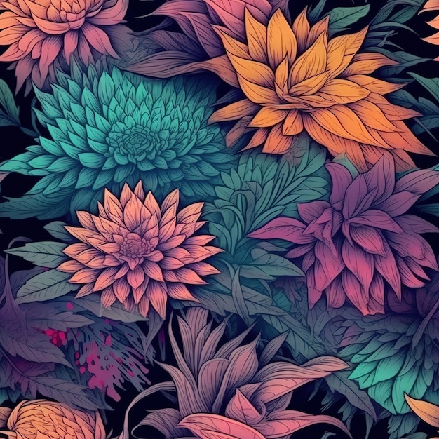 ネオンカラーの花のトロピカルなパターン