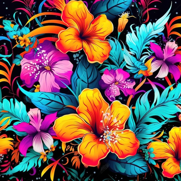 Flowers tropic pattern in neon colors