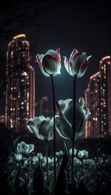 Flowers of tulips in the night sky generative ai