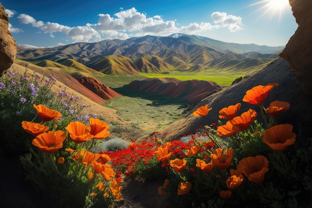 Flowers in valley surrounded by steep mountain ranges in spring and summer