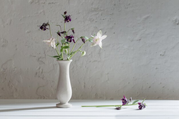 Flowers in vase on old white wall