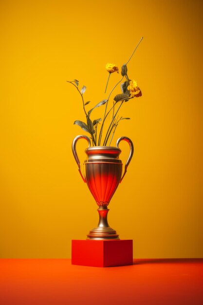 Flowers in a vase on a red stand against a yellow background