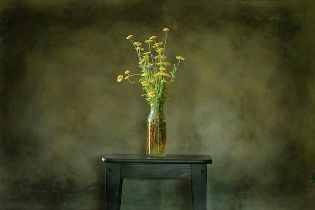 flowers vase still life, seasonal summer inside vintage style, yellow flowers wild