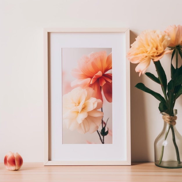 額入り写真の隣のテーブルの上の花瓶に花が入っている