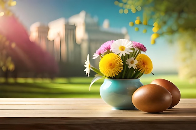 flowers in a vase on a table with a blue background with a house in the background.