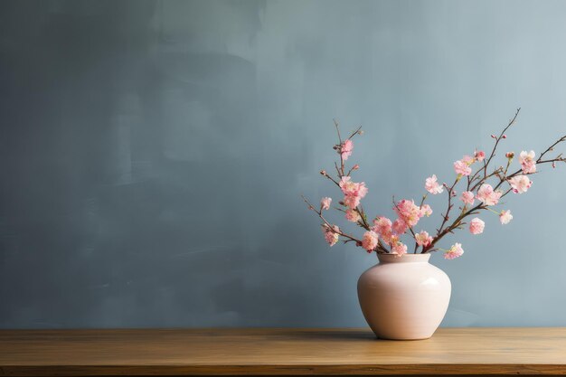 Foto fiori in vaso su tavolo con spazio per le copie