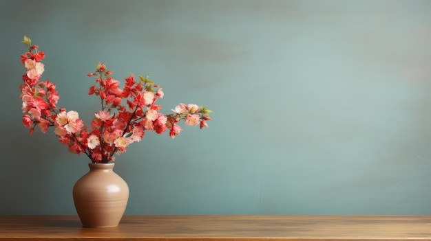 Foto fiori in vaso su tavolo con spazio per le copie