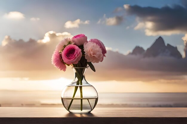 Flowers in a vase on a table with the sun setting behind them