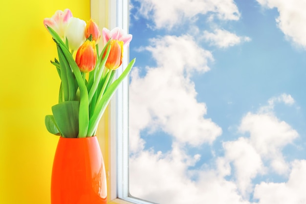 Flowers in vase at the window blue sky outside