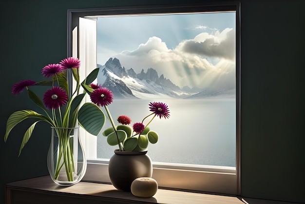 flowers in a vase on a window sill with mountains in the background.