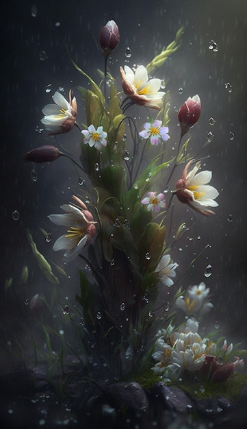 Flowers in a vase with water droplets on dark background generative ai