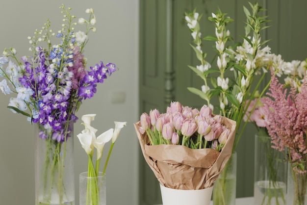 Flowers in vases in a flower shop