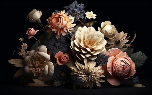 Flowers in vintage style on black background Generative AI