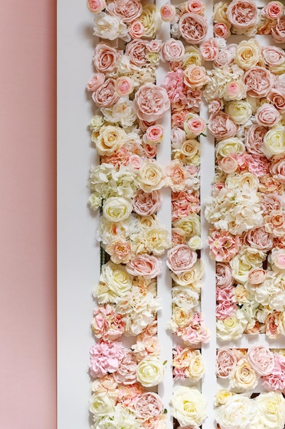 Flowers wall background with amazing pink and white roses\
peonies and hydrangeas wedding decorations handmade