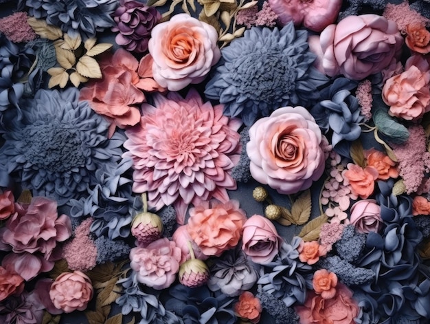 Flowers wall background with colorful fresh flowers such as roses chrysanthemum in the style of an aerial view Generative AI