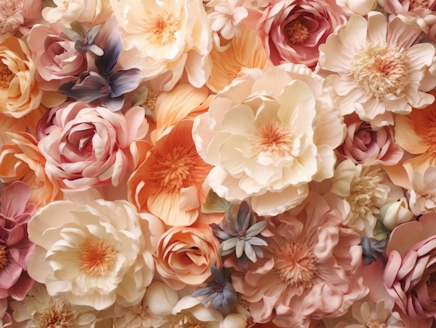 Flowers wall background with colorful peonies and roses crowding in the frame in the style of an aerial view Generative AI