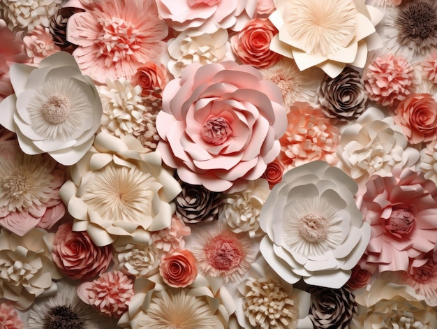 Flowers wall background with pink and white flower made from paper crowding in the frame in the style of an aerial view Generative AI