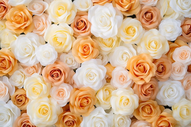 Flowers wall background with white and light orange roses