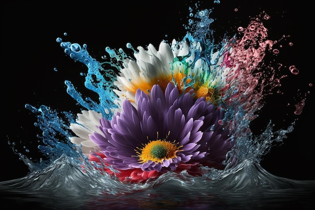 Flowers in a water splash on a black background