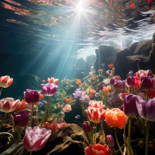 flowers under water with sun shining through the water